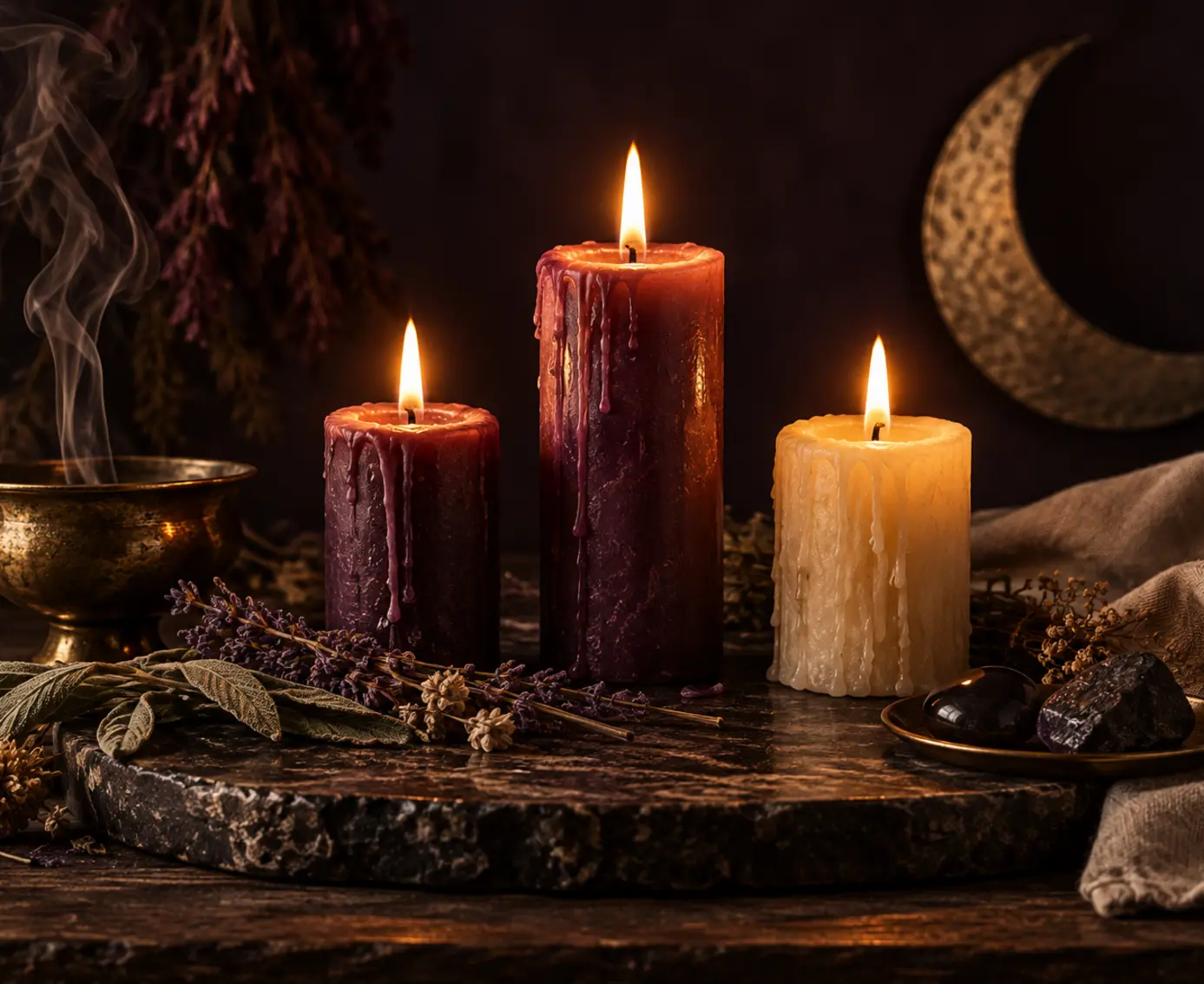Sacred candle altar with herbs, polished stones, brass and moonlight
